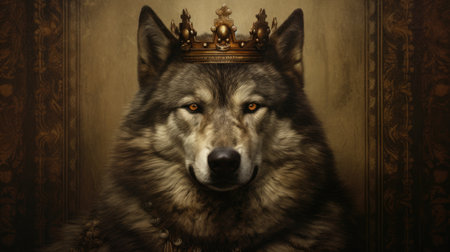 Portrait of a wolf with a crown on his head. Vintage background.の素材