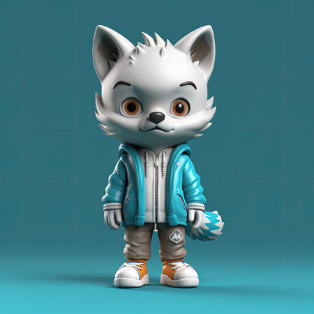 Cute cartoon fox character in a blue jacket and shorts.の素材