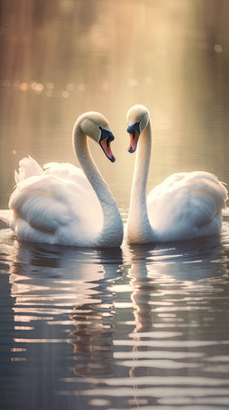 Two white swans swimming on the lake in the rays of the setting sunの素材