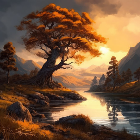 Lonely tree in the lake at sunset.の素材