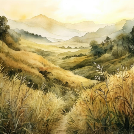 Watercolor grassland in the mountains at sunset.の素材