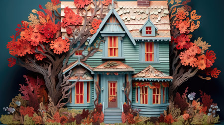 a fantasy house made of clay with flowers.の素材