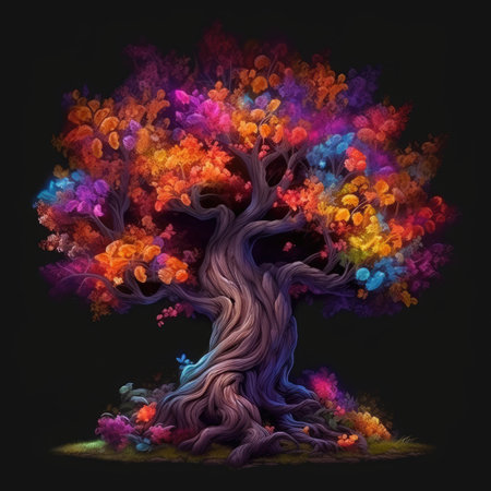 Colorful autumn tree on a black background.の素材