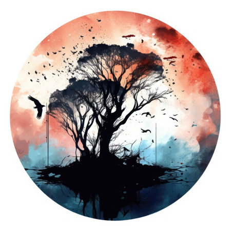Halloween background. Silhouette of tree and flying bats.の素材