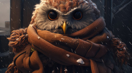 Owl in a scarf on a background of a winter landscape.の素材