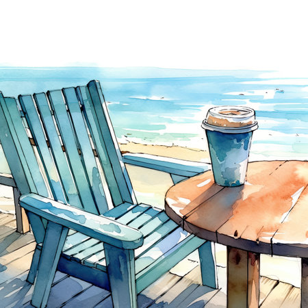 Watercolor Wooden deck chairs and coffee on the beach.の素材