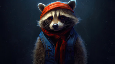 Portrait of a raccoon in a red hat and a scarf.の素材