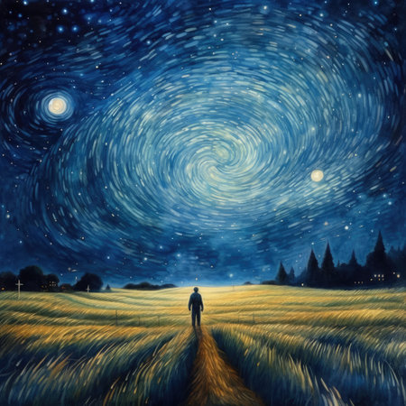 a man walking on a field in front of a starry skyの素材