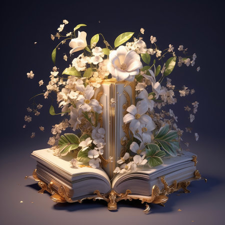 Old book with white flowers on a dark background.の素材