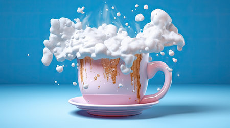 Cup of coffee with foam and steam on blue background.の素材