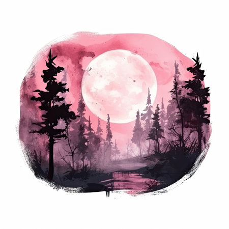 Watercolor landscape with lake, forest and moon.の素材
