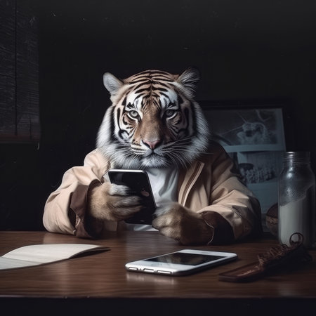 The tiger sits at the table with a phone in his hand.の素材