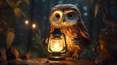 Owl with lantern in the forest. Halloween concept.の素材