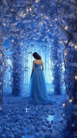 a beautiful young woman in a blue dress in the winter forestの素材