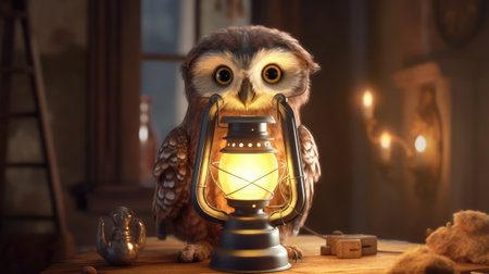 Owl with a kerosene lamp on a wooden table.の素材