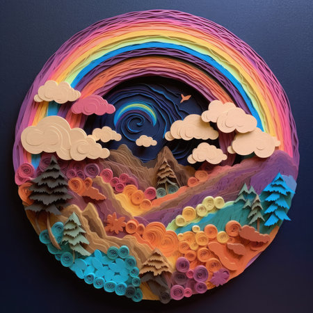 Rainbow with clouds and mountains in paper cut style.の素材