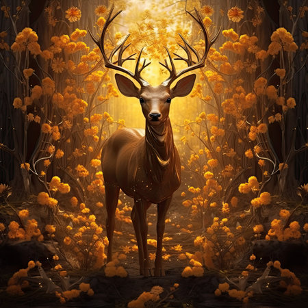 Deer in the forest with yellow flowers.の素材