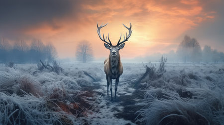 Red deer stag in winter landscape at sunset.の素材