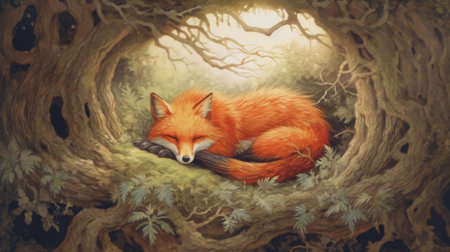 red fox sleeping in the forest,の素材