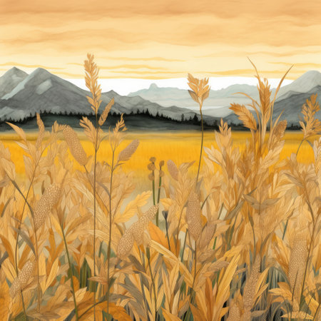 wheat field with mountains in the backgroundの素材