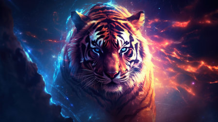 Tiger in a dark space with fire and smoke.の素材