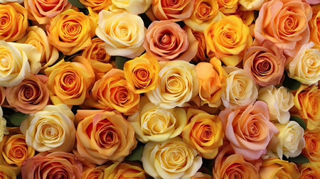 Orange and yellow roses in a bridal bouquet as a backgroundの素材