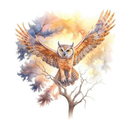 Watercolor owl on a tree isolated on white backgroundの素材
