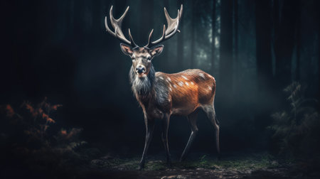 Deer in the dark forest with fog. Halloween concept.の素材
