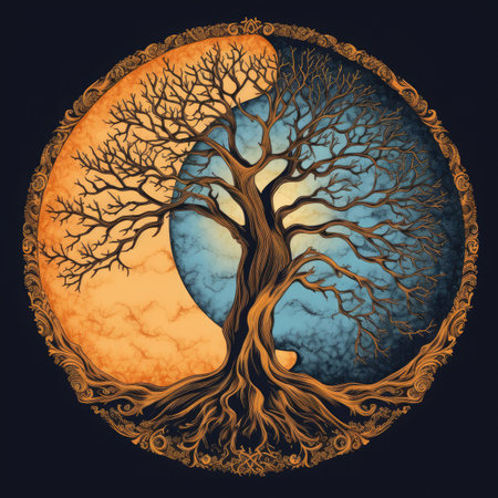 Halloween background with full moon and old tree.の素材