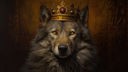 Portrait of a wolf in a crown on a dark background.の素材