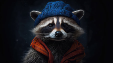 Raccoon in a hat and scarf on a black background.の素材