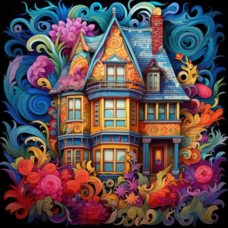 Colorful hand drawn vector illustration of a beautiful house with flowers.の素材