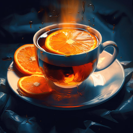 Cup of tea with orange on a dark background. Hot drink.の素材