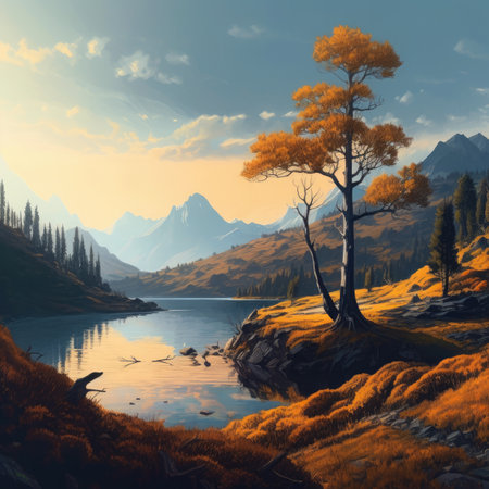 Fantasy landscape with mountains, lake and trees.の素材