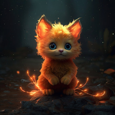 Funny little kitten sitting on the ground in the forest with lightsの素材