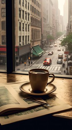 Coffee cup and newspaper on the windowsill in Cityの素材