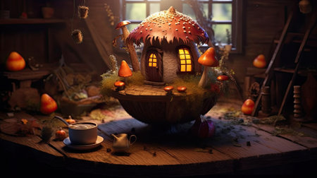 Halloween still life with pumpkins, cup of tea and gingerbread houseの素材