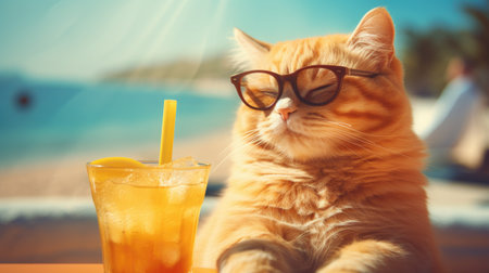 Cute ginger cat in eyeglasses drinking orange juice on the beachの素材