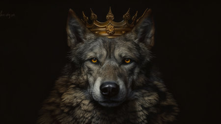Portrait of a wolf with a golden crown on a black backgroundの素材