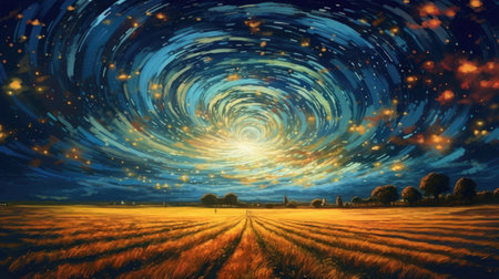 Beautiful starry sky over a field of wheat.の素材