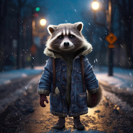 Raccoon in a raincoat on the street at night.の素材