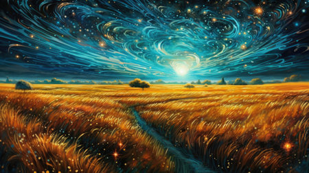 Fantasy landscape with grass field and blue sky with stars.の素材