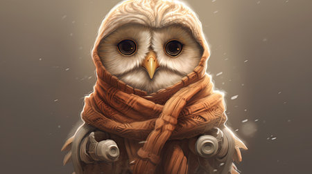 Owl in winter clothes on a dark background.の素材