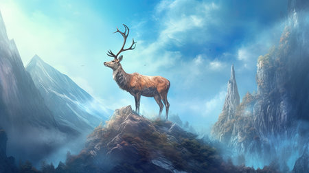 Fantasy landscape with red deer in the mountainsの素材