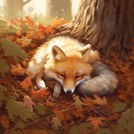 Red fox lying in the autumn forest.の素材