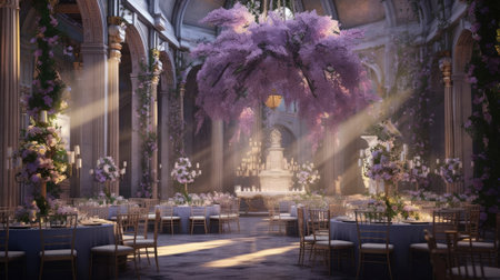 Wedding Banquet hall with purple flowers.の素材