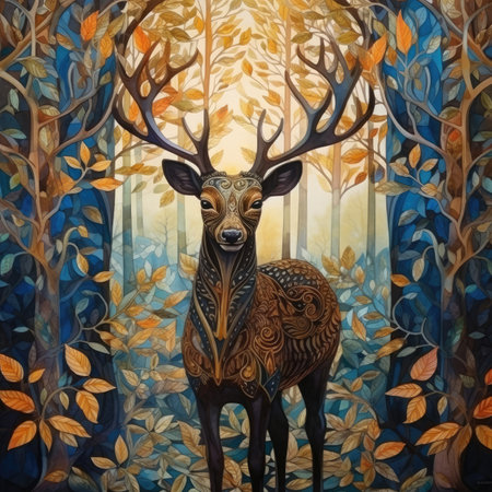 Painting of a deer in the autumn forest with colorful leaves.の素材