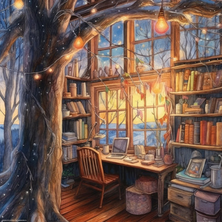 Illustration of a fairy-tale room with a window and a bookcaseの素材