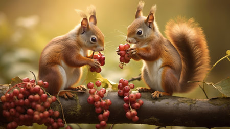 Two red squirrels on the branch with red berries in autumn forestの素材