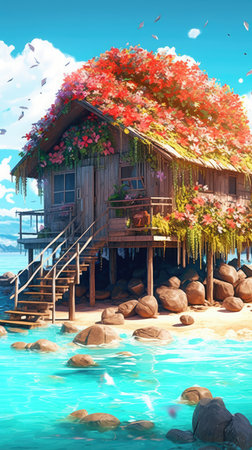 Beautiful wooden house in the tropical sea.の素材